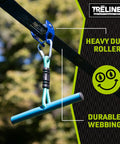 Close-up of a Roller Adventure Slackline Kit For Kids 36 Ft With Ninja Course Attachment and T Bar Ride installed on a tree.