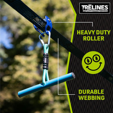 Close-up of a Roller Adventure Slackline Kit For Kids 36 Ft With Ninja Course Attachment and T Bar Ride installed on a tree.