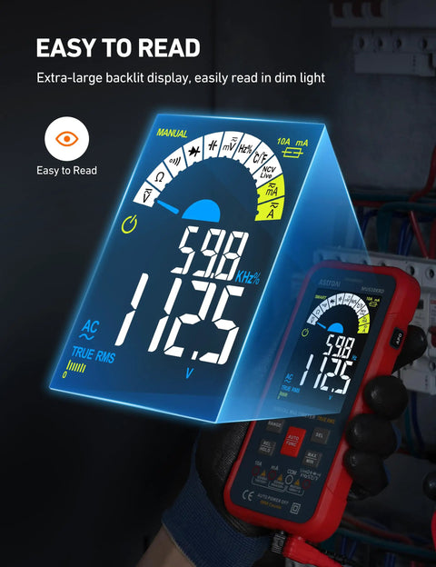 Gloved hand holding Auto Ranging Digital Multimeter With 10000 Counts TRMS Color LCD Screen in dimly lit environment