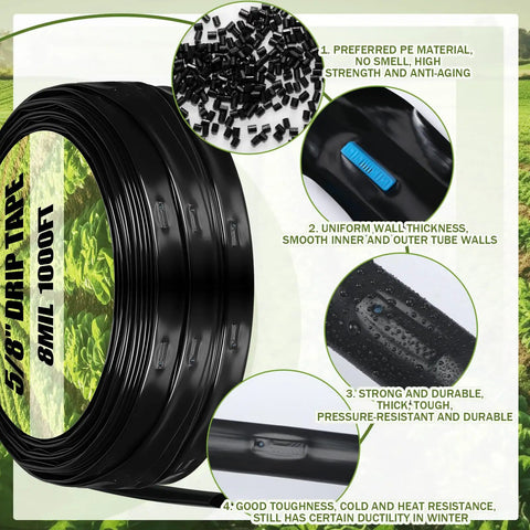Drip Irrigation Tubing Kit With 1000 Ft Drip Tape Five Eighth Inch Outer Diameter 8 Mil Thick Six Inch Spacing PE Material