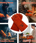 14 Inch 932F Heat Resistant Leather Welding Gloves For TIG MIG And Stick Welding, Heavy Duty Fireproof Mitts With Soft Lining For BBQ Oven Grill Fireplace Stove Cooking And Everyday Hand Tasks, Red