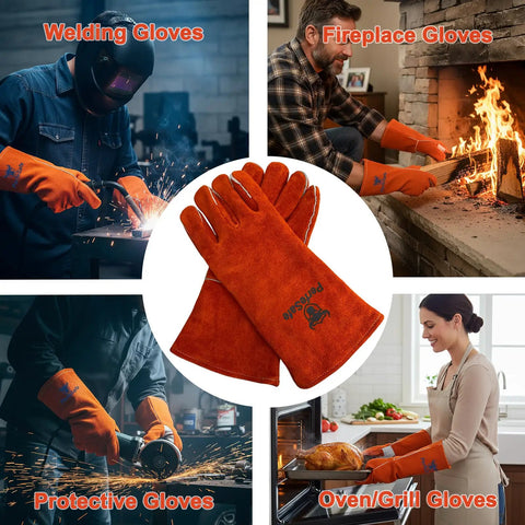 14 Inch 932F Heat Resistant Leather Welding Gloves For TIG MIG And Stick Welding, Heavy Duty Fireproof Mitts With Soft Lining For BBQ Oven Grill Fireplace Stove Cooking And Everyday Hand Tasks, Red