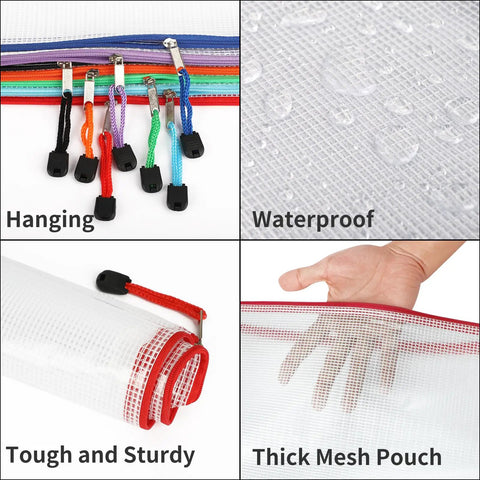 Mesh Zipper Pouch Bags Set Of 24 In 8 Colors Waterproof File Storage Pouches for school or office with hand holding a pouch