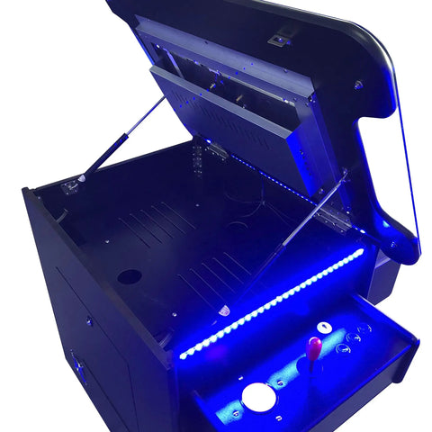 Open view of Full Size Commercial Grade Cocktail Arcade Cabinet for Home Game Rooms showing LCD lift screen and controls.