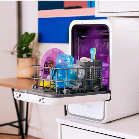 No Drama Portable Countertop Dishwasher With Dead Simple Fifteen Minute Wash Cycle Auto Dry Function Plumbing Free Setup Real Deal For Tiny Kitchens Dorm Rooms And Rv Road Trips with colorful dishes inside.