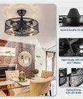 20 Inch Caged Ceiling Fan With Light Remote Dope Industrial Farmhouse Style Black for Living Room shown installed indoors