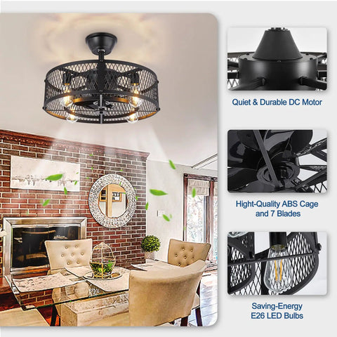 Retractable Blades Ceiling Fan With Lights In Vintage Cage Remote Control Six Speeds And One Two And Four Hour Timers
