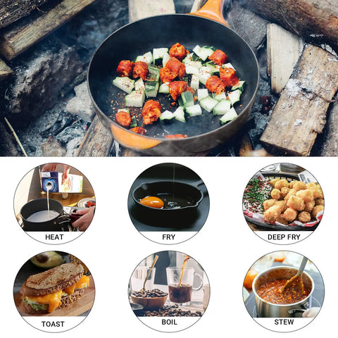 Cooking with Lightweight Backpacking Camping Cookware Set For Two To Four People, frying pan with diced vegetables over fire.