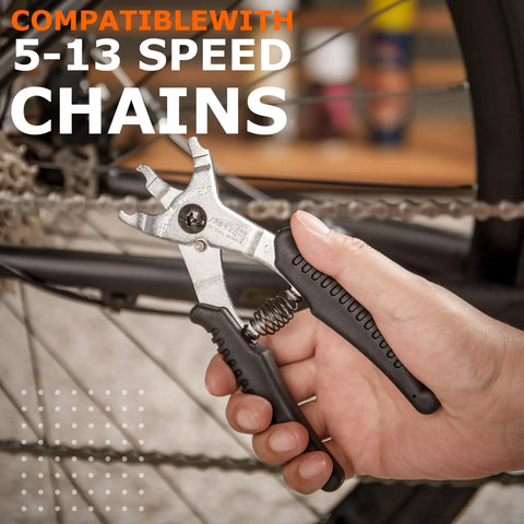 Hand holding Master Link Pliers For Bikes, 2 In 1 Chain Tool For Quick Link Install And Removal, Fits Up To 13 Speed Chains