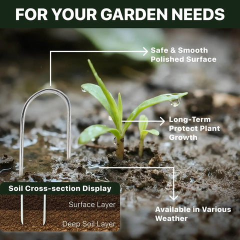 Beefy 4 Inch U Shaped Landscape Staples Pack Of 40 For Soaker Hose Drip Line Tubing Garden Galvanized 11 Gauge Ground Stakes Built To Last Lawn Yard Outdoor Decor installed next to a seedling showing soil layers