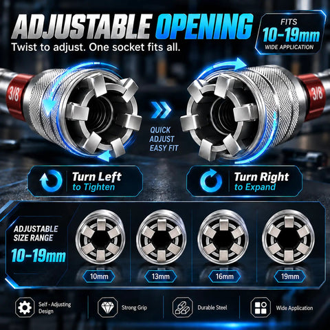 Premium Universal Socket Wrench Set Four Piece Adjustable Multi Jaw Tool shows adjustable opening fitting 10-19mm sizes.