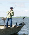 Angler using President Spincast Reel Size 10 With Dual Handle Positions Aluminum Spool And Dial Drag System Blue on a boat
