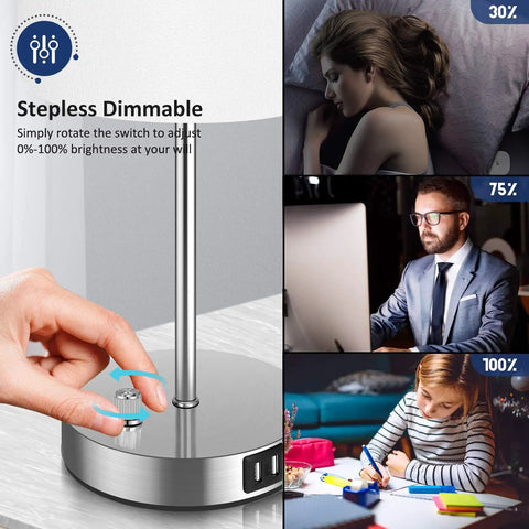 Must Have Dope Fully Dimmable Table Lamp With USB Ports And AC Outlet with stepless dimming feature and USB outlets shown in different usage settings.