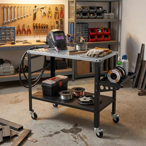 Built Tough Rolling Welding Table With 1200 Pound Support Go Wherever You Want Heavy Duty Metal Workbench Offering Heat Resistant Plate Rapid Clamping Slots Integrated Tool Shelf For Badass Garage Project Crews