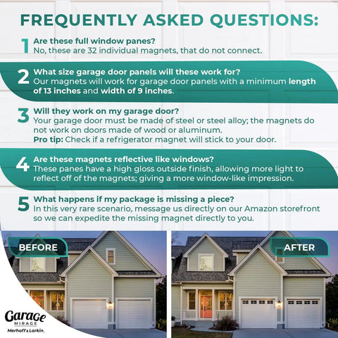Infographic with FAQs about Garage Door Window Decals Kit with Strong Magnets Faux Gloss Black Look for 2 Car Garages.