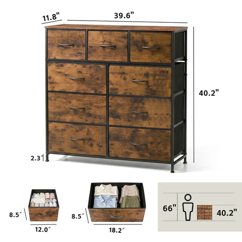 Top Drawer Tall Fabric Dresser For Bedroom Storage Packed With Nine Deep Foldable Drawers Rustic Brown A Clutch Space Saver Chest Of Drawers For Fresh Living Spaces