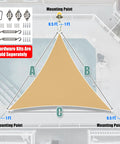 Diagram of a Beige 10 Ft Triangle Sun Shade Sail UPF50 Plus Canopy Awning with mounting points for outdoor patios and backyards