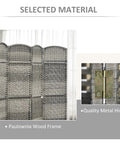 Renters Friendly Ready To Use Six Foot Four Panel Room Divider With Pine Wood Frame Freestanding Privacy Screen Hand Woven PP Panels No Assembly Mixed Gray For Bedroom Or Home Office, close-up of frame and hinge details