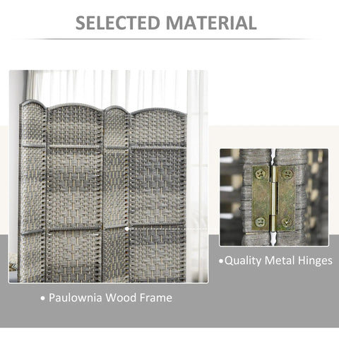 Renters Friendly Ready To Use Six Foot Four Panel Room Divider With Pine Wood Frame Freestanding Privacy Screen Hand Woven PP Panels No Assembly Mixed Gray For Bedroom Or Home Office, close-up of frame and hinge details