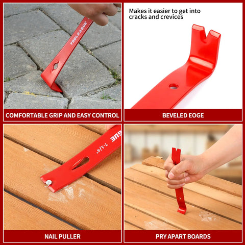 Four images of a Three-Piece Mini Flat Pry Bar Set With Five And A Quarter Inch, Seven And A Quarter Inch And Nine And A Quarter Inch Beehive Scraper Crowbars With Nail Puller showing use and features.