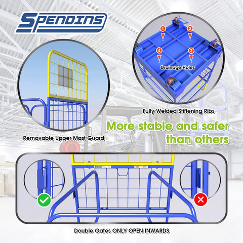 Rock Solid Foldable Forklift Safety Cage For Two Workers, showing removable upper mast guard and drainage holes.