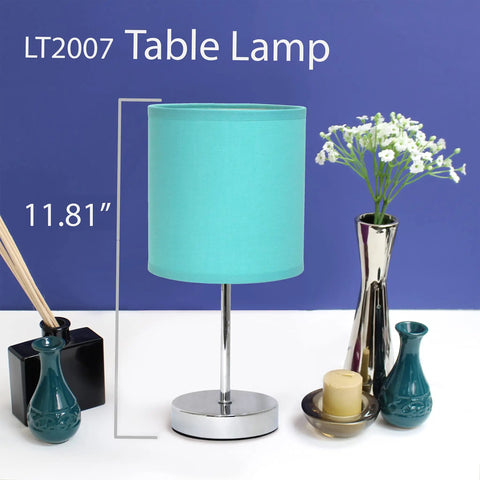 Blue Turquoise Chrome Mini Table Lamp With Fabric Shade, Compact 11.8 Inch Tall, E12 Candelabra Base, 40W Type B Bulb Not Included, Totally Perfect For Living Room, Bedroom, Office, Dorm, Kids Room