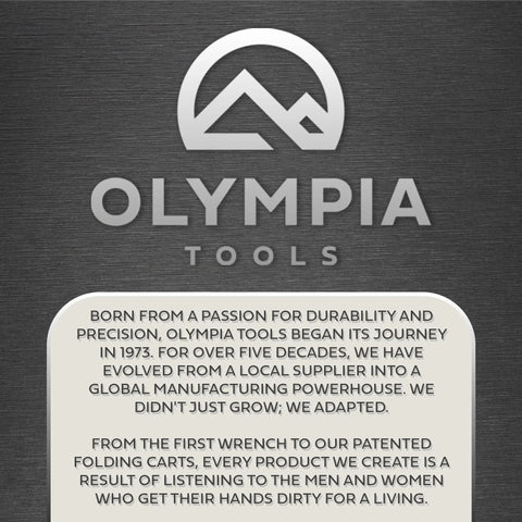 Olympia Tools logo with company history text below on a textured background.