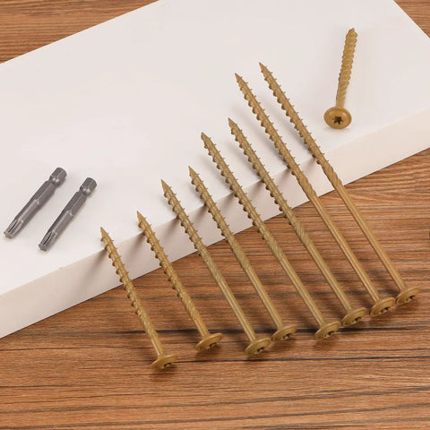 Badass Number 14 X 4 Inch Lag Screws 140 Pcs Structural Wood Fasteners With Bronze Epoxy Coating and Washer Head displayed with bits.