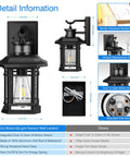 Motion Activated Outdoor Wall Lantern With Dusk To Dawn Sensor In Black Aluminum Anti Rust Finish For Farmhouse Exterior Lighting High Sensitivity Motion Sensor With Three Modes For Garage And Backyard No Fuss, dimensions and features overview image