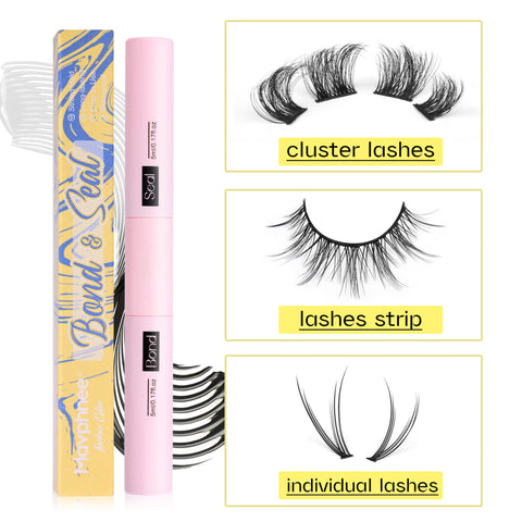 Bond And Seal 2 In 1 Lash Glue Waterproof With Strong Hold for DIY Cluster Eyelashes shown with lashes and packaging