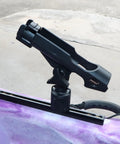 360 Degree MiniPort Fishing Rod Holder Set With Track Mount Base Kit No Tool Needed Quick Release Rod Socket System Universal Kayak Rail Or Hull Mount Includes 2 Round Bases And All Installation Accessories, black on kayak track