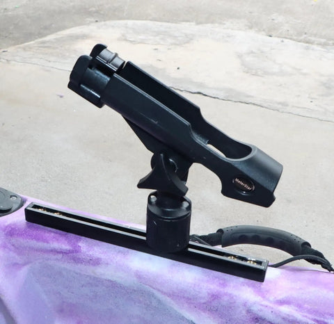 360 Degree MiniPort Fishing Rod Holder Set With Track Mount Base Kit No Tool Needed Quick Release Rod Socket System Universal Kayak Rail Or Hull Mount Includes 2 Round Bases And All Installation Accessories, black on kayak track