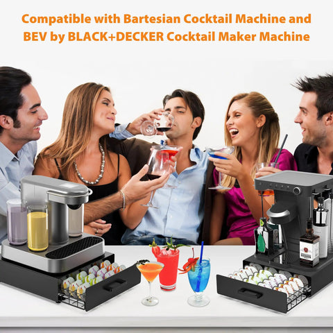 Group enjoying cocktails with Pod Storage Drawer Organizer For Bartesian Capsules That Holds Forty Pods Stackable Countertop Bar Accessory