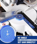 7.3 Inch Aluminum Miter Bevel Gauge Precision Angle Finder With Laser Etched Dual Scales For Crown Molding Carpentry Trim Work placed on miter saw.