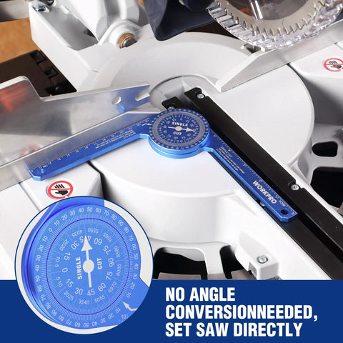 7.3 Inch Aluminum Miter Bevel Gauge Precision Angle Finder With Laser Etched Dual Scales For Crown Molding Carpentry Trim Work placed on miter saw.