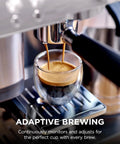 Luxe Café Premier 3 In 1 Espresso Machine With Built In Grinder Drip Coffee And Rapid Cold Brew Hands Free Milk Frother Assisted Tamper For Cappuccinos And Lattes Stainless Steel brewing espresso into glass cup