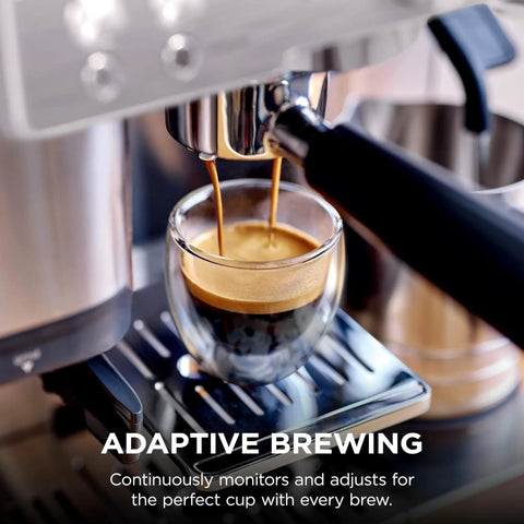 Luxe Café Premier 3 In 1 Espresso Machine With Built In Grinder Drip Coffee And Rapid Cold Brew Hands Free Milk Frother Assisted Tamper For Cappuccinos And Lattes Stainless Steel brewing espresso into glass cup