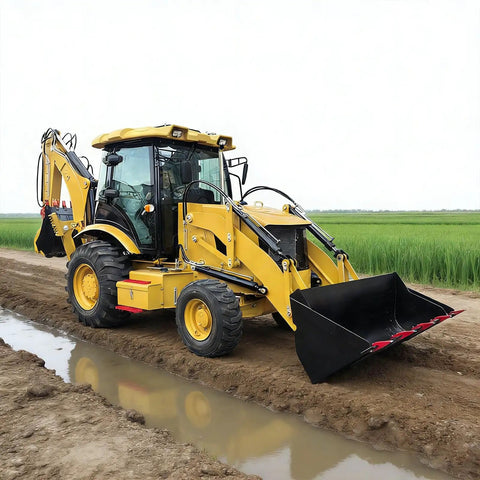 Compact Mini Excavator Loader With Folding Backhoe And Air Conditioned Cab A Smart All Day Digging Machine on a rural construction site.