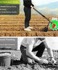Person using 12 Nozzles Hand Push Garden Seeder For Slopes And Terraces High Efficiency Roller Seeding Planting Tool.
