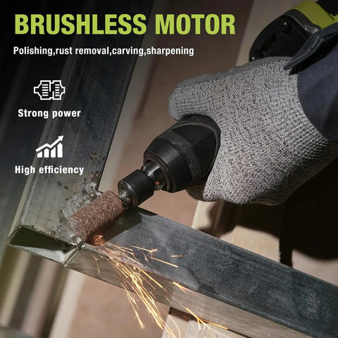 Heavy Duty Brushless Cordless Die Grinder 6mm Collet 24V 5Ah Battery 3 Speed Modes in use for metal polishing and rust removal