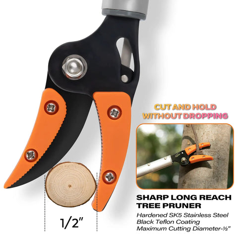 Close-up of the sharp blades on the Long Reach Cut And Hold Bypass Pruner 3.5 Ft For Precision Pruning In Gardens Dope Lightweight Aluminum