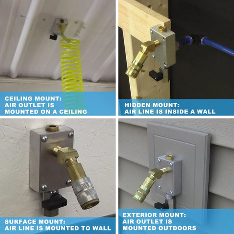 Different mounting options for the Half Inch OD Compressed Air Piping System And Shop Air Line Kit With 100 Feet TPEE Tubing And Three Eighths Inch ID, 27-Piece Push To Connect Kit, Pro Grade No Fuss Home Garage Air Piping Setup That Is Easy To Install.