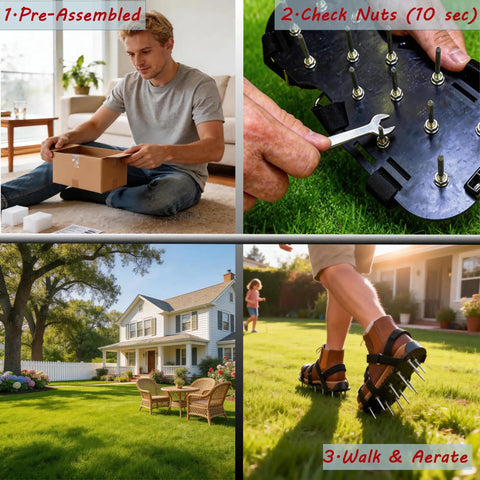 Lawn Aerator Shoes With 26 Steel Spikes Pre Assembled For Quick Yard Care, Reinforced ABS Sole For Comfort, Three Adjustable Straps For A Secure Fit, Includes Spare Spike And Wrench, Fits US Sizes 6 To 10, Maintenance Tools Included shown in use on lawn