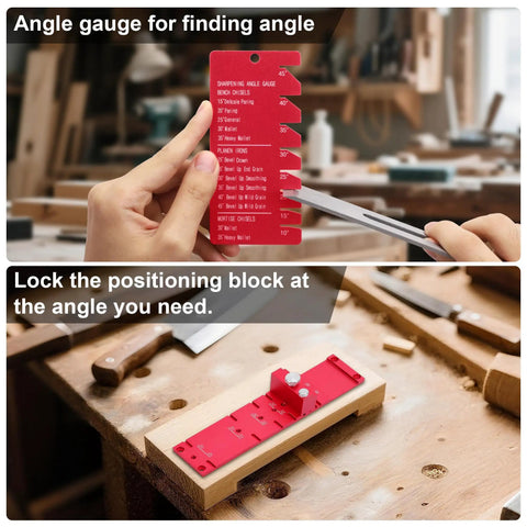 Pro Grade Chisel Sharpening Jig And Honing Guide with red laser etched gauge and angle lock on a woodworking bench.