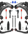 Chevy Silverado GMC Sierra Front End Suspension Kit 1999 To 2006 12 Piece With 4 Upper And Lower Control Arms Ball Joints 2 Sway Bars 4 Tie Rods 2 Boots OE Replacement Upgrade PU Bushings front view on white