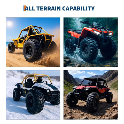 All terrain vehicles showcasing Beefed-Up Heavy Duty 21x7-10 Tubeless ATV UTV Tire Set 6-Ply for various terrains
