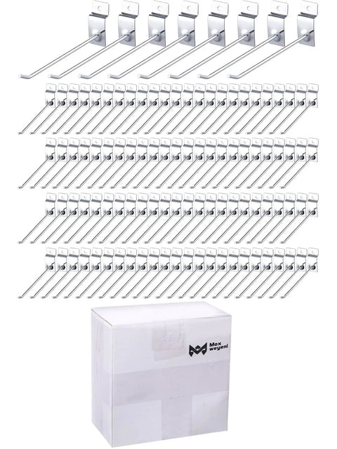 100 Pieces Heavy Duty Slatwall Panel Hooks For Metal Slat Wall Hanging Hangers Built To Last Silver Commercial Grade Slatwall Pegs For Shop And Retail Display 6 Inch Length displayed and packed.