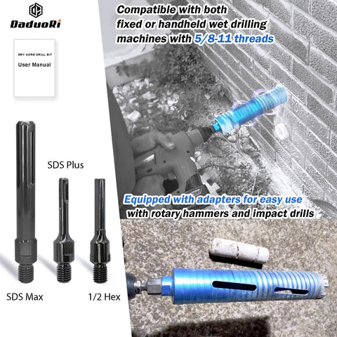 4 Inch Dry Core Drill Bit Kit with 5/8-11 Thread, 9.5 Inch Depth, adapters for SDS Plus, SDS Max, 1/2 Inch Hex, masonry drilling
