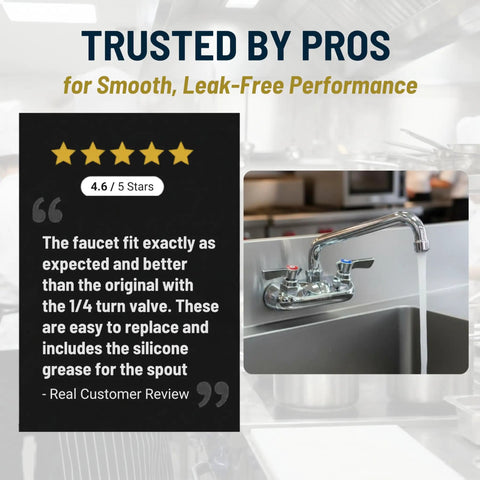 Heavy Duty Wall Mount Kitchen Faucet With A 10 Inch Swing Spout and 4 Inch Center Mount review image with faucet installed