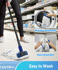 Heavy Duty Commercial String Mop With Extension Handle absorbs liquids and debris fast, shown being used in a store setting.